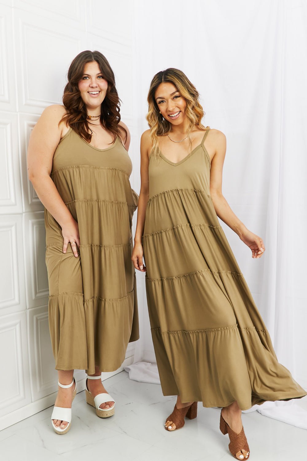 Zenana Full Size Spaghetti Strap Tiered Dress with Pockets in Khaki - Dress - Khaki - Bella Bourget