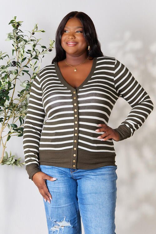 Zenana Full Size Striped Snap Down Cardigan - Sweater - Dark Olive/Ivory - Bella Bourget