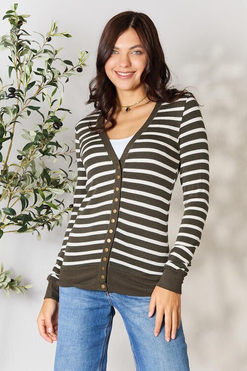 Zenana Full Size Striped Snap Down Cardigan - Sweater - Dark Olive/Ivory - Bella Bourget