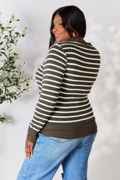 Zenana Full Size Striped Snap Down Cardigan - Sweater - Dark Olive/Ivory - Bella Bourget