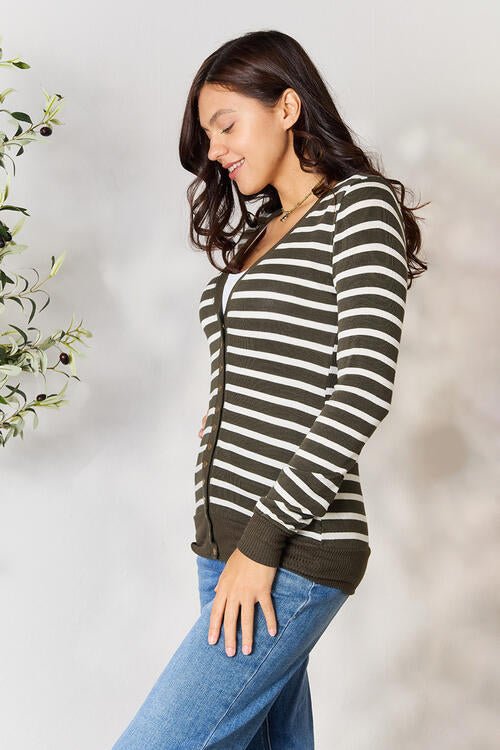 Zenana Full Size Striped Snap Down Cardigan - Sweater - Dark Olive/Ivory - Bella Bourget