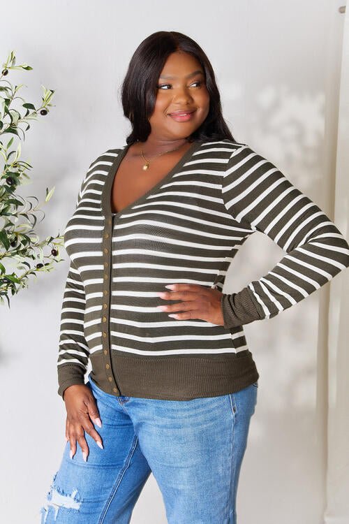 Zenana Full Size Striped Snap Down Cardigan - Sweater - Dark Olive/Ivory - Bella Bourget