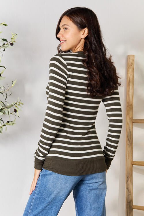 Zenana Full Size Striped Snap Down Cardigan - Sweater - Dark Olive/Ivory - Bella Bourget