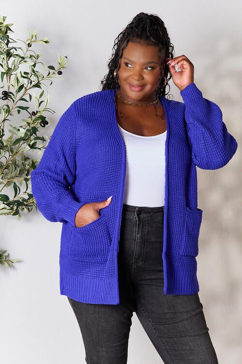 Zenana Full Size Waffle - Knit Open Front Cardigan - Cardigan - Bright Blue - Bella Bourget