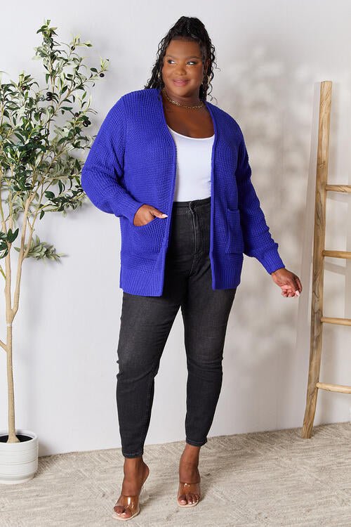 Zenana Full Size Waffle - Knit Open Front Cardigan - Cardigan - Bright Blue - Bella Bourget