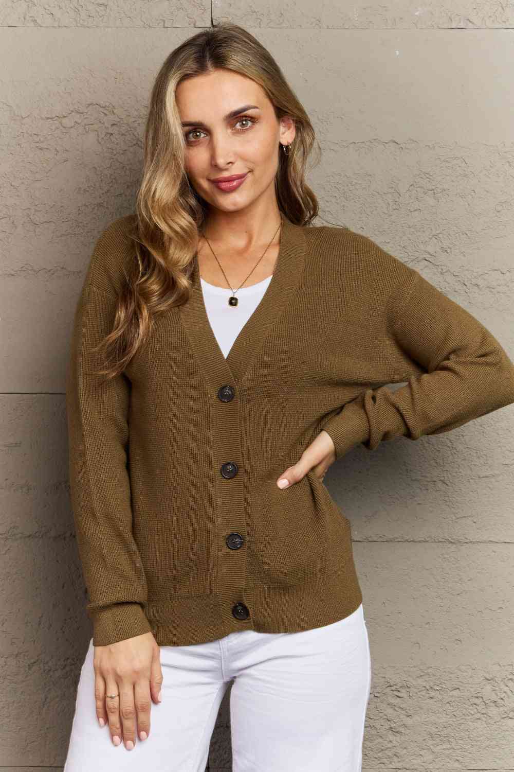 Zenana Kiss Me Tonight Full Size Button Down Cardigan in Olive - Sweater - Olive - Bella Bourget