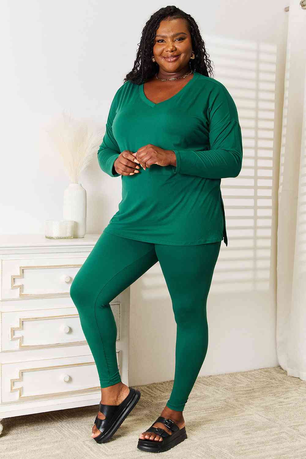 Zenana Lazy Days Full Size Long Sleeve Top and Leggings Set - Full Size Legging - Dark Green - Bella Bourget