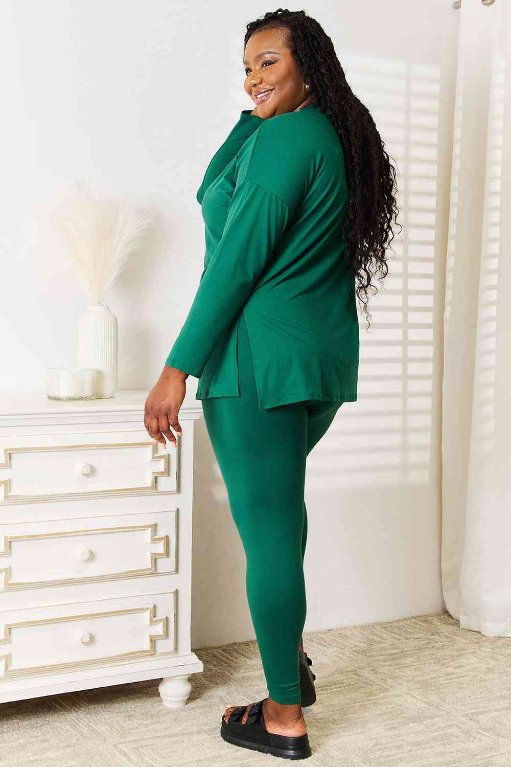 Zenana Lazy Days Full Size Long Sleeve Top and Leggings Set - Full Size Legging - Dark Green - Bella Bourget