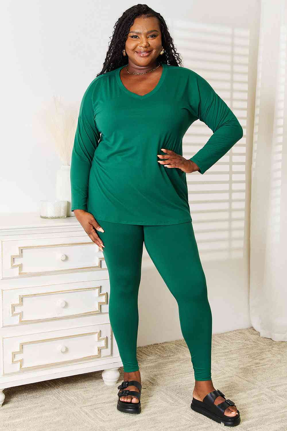 Zenana Lazy Days Full Size Long Sleeve Top and Leggings Set - Full Size Legging - Dark Green - Bella Bourget