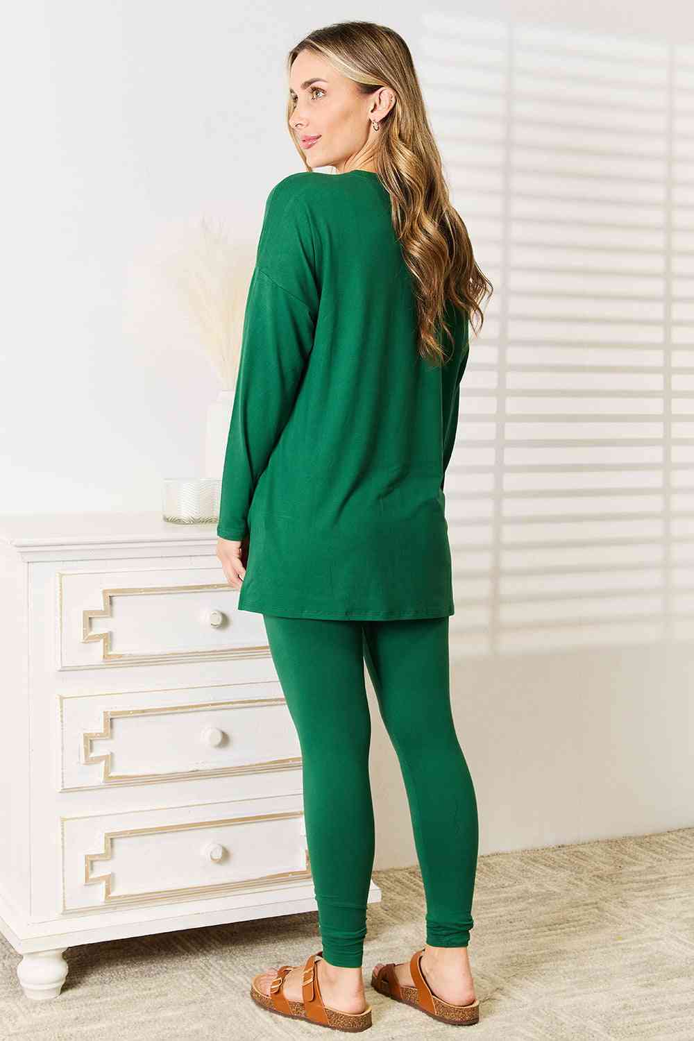 Zenana Lazy Days Full Size Long Sleeve Top and Leggings Set - Full Size Legging - Dark Green - Bella Bourget