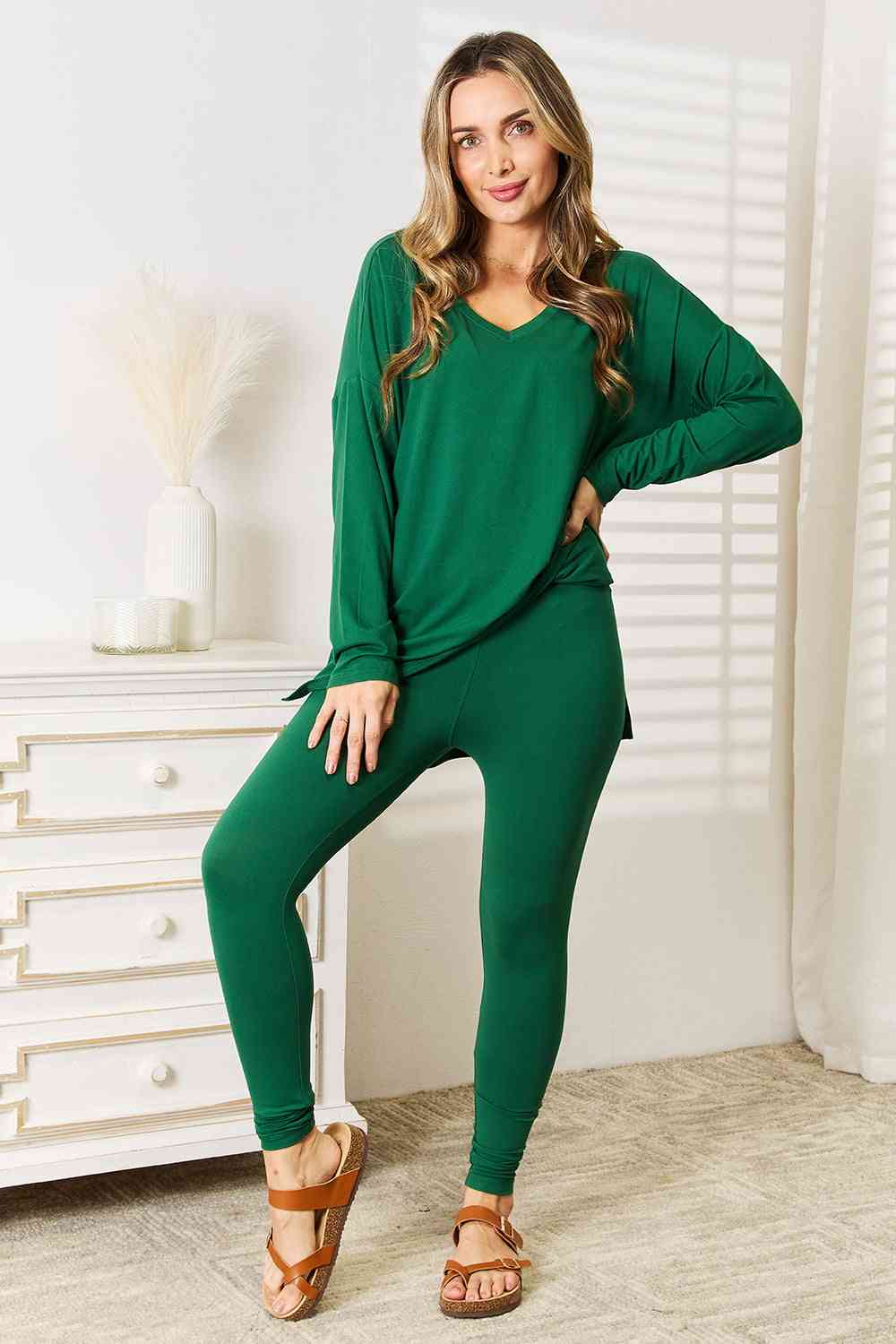 Zenana Lazy Days Full Size Long Sleeve Top and Leggings Set - Full Size Legging - Dark Green - Bella Bourget