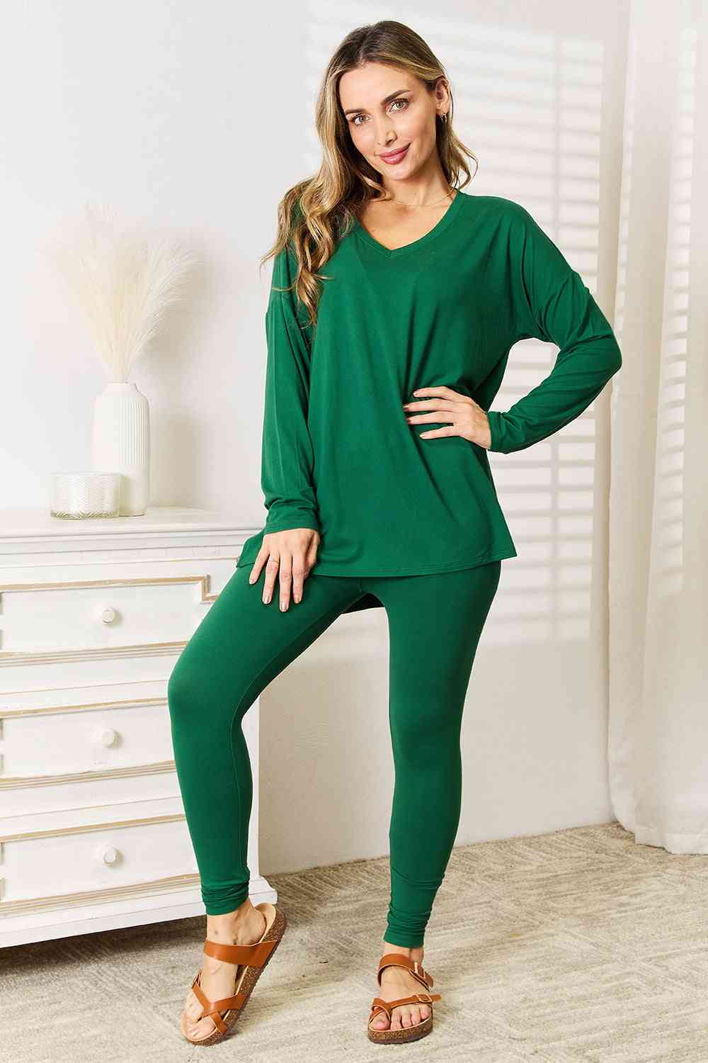 Zenana Lazy Days Full Size Long Sleeve Top and Leggings Set - Full Size Legging - Dark Green - Bella Bourget