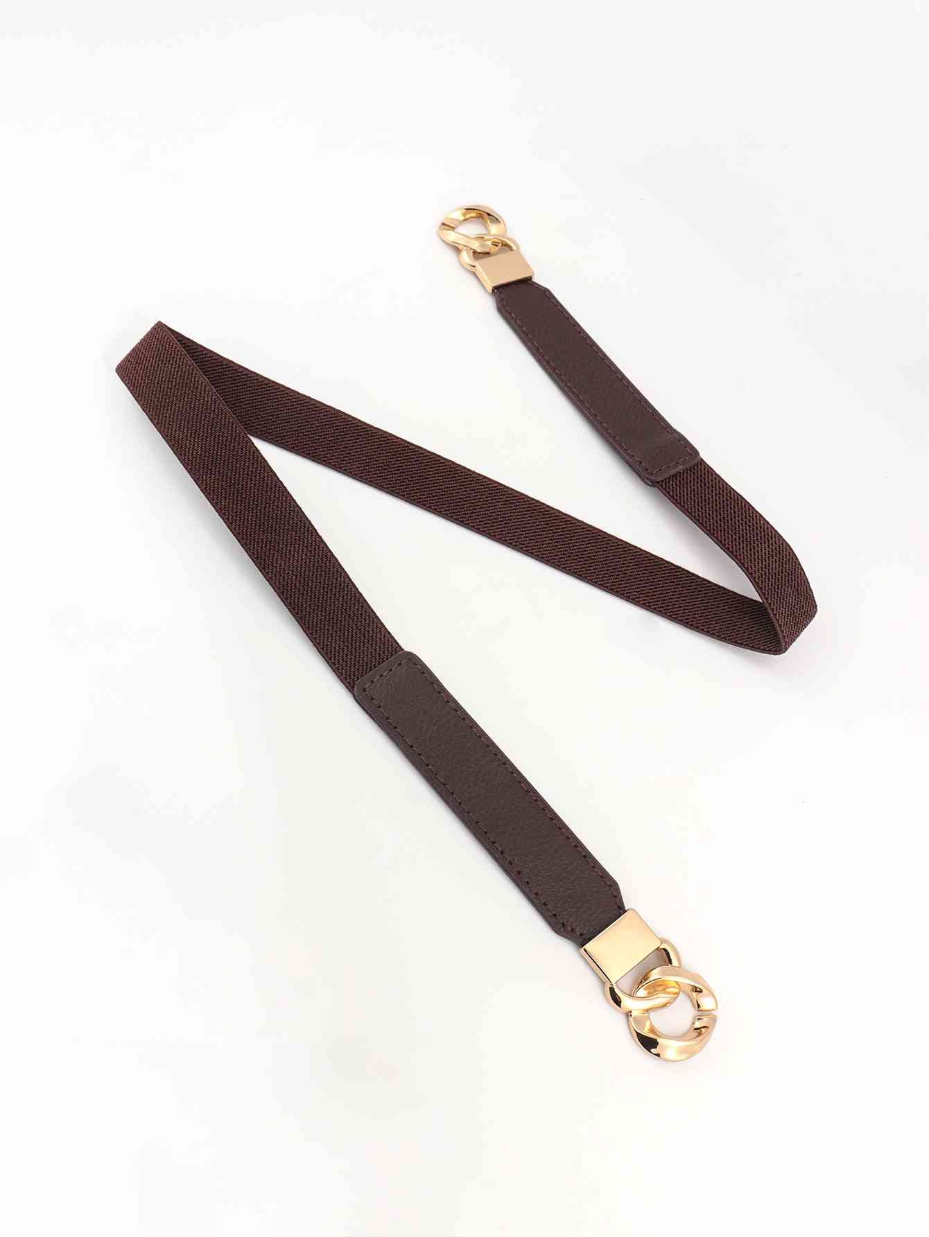 Zinc Alloy Buckle Skinny Elastic Belt - belt - Chocolate/Gold - Bella Bourget