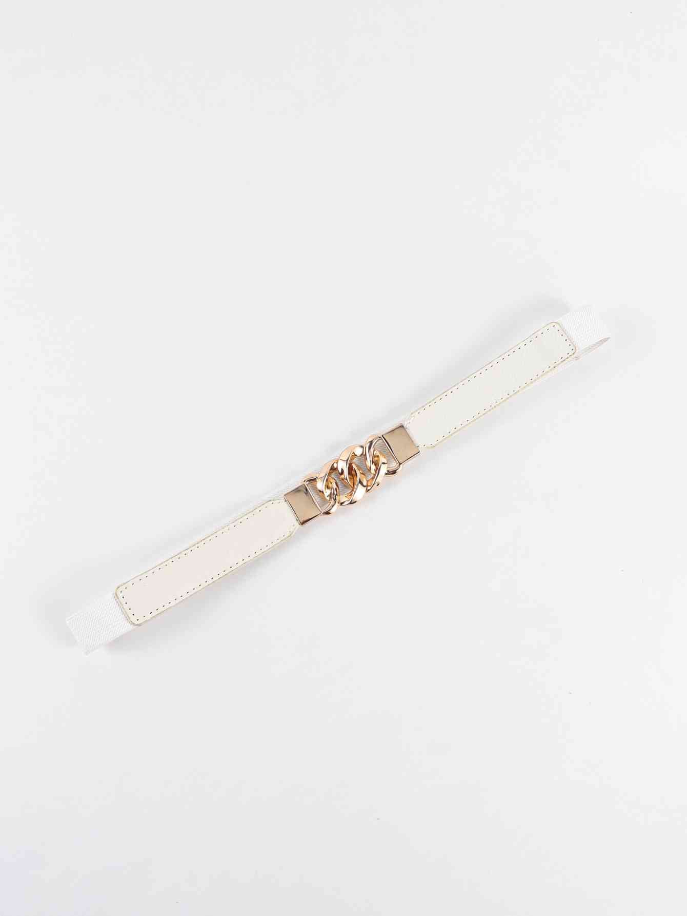 Zinc Alloy Buckle Skinny Elastic Belt - belt - White/Gold - Bella Bourget