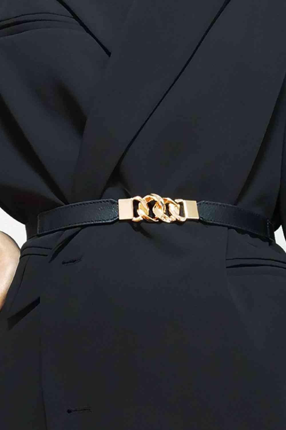 Zinc Alloy Buckle Skinny Elastic Belt - belt - Black/Gold - Bella Bourget