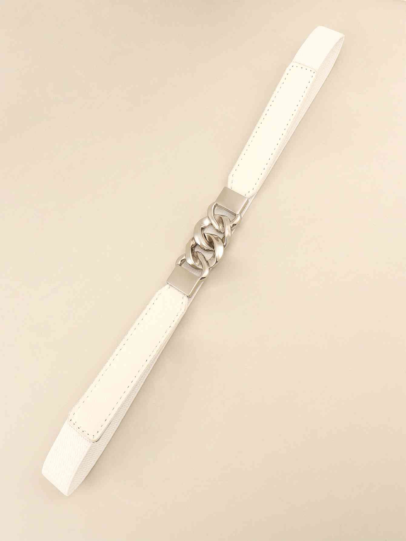 Zinc Alloy Buckle Skinny Elastic Belt - belt - White/Silver - Bella Bourget