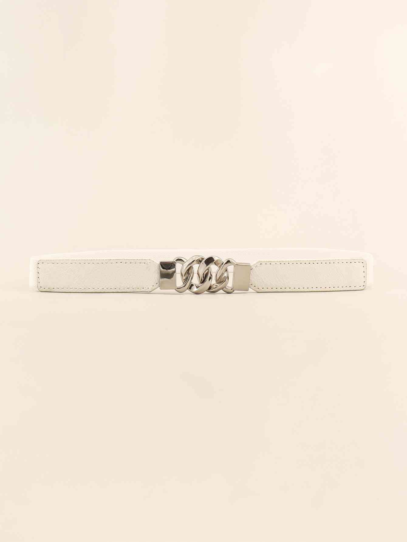 Zinc Alloy Buckle Skinny Elastic Belt - belt - White/Silver - Bella Bourget