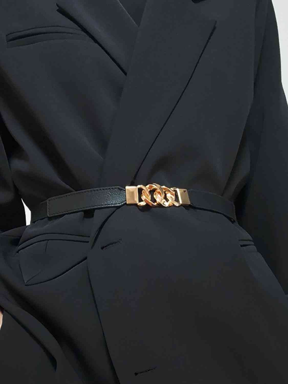 Zinc Alloy Buckle Skinny Elastic Belt - belt - Black/Gold - Bella Bourget