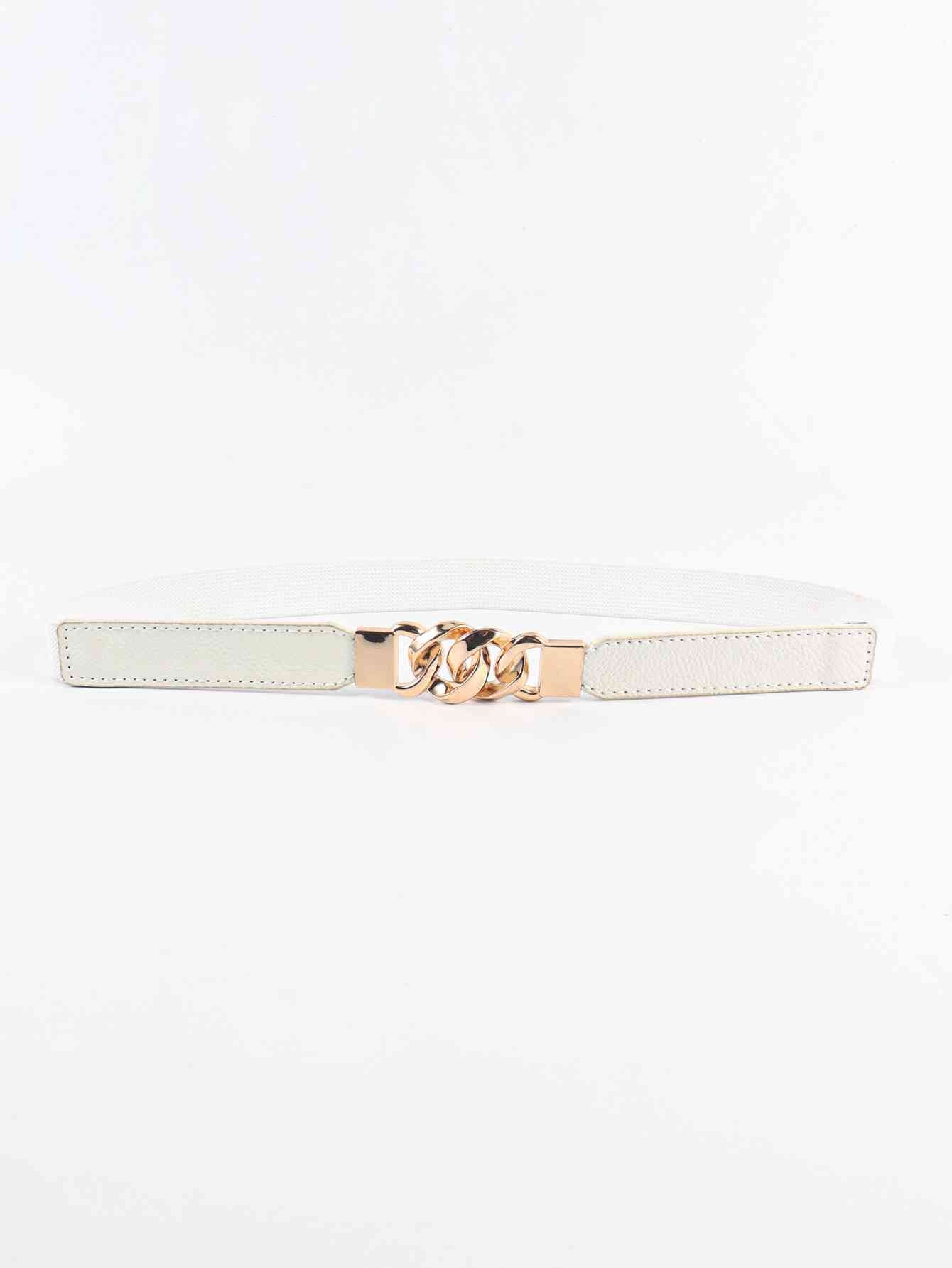 Zinc Alloy Buckle Skinny Elastic Belt - belt - White/Gold - Bella Bourget