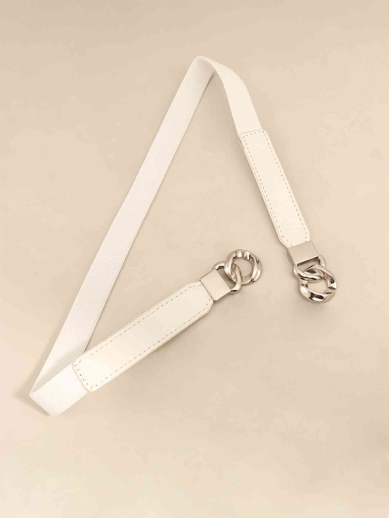 Zinc Alloy Buckle Skinny Elastic Belt - belt - White/Silver - Bella Bourget