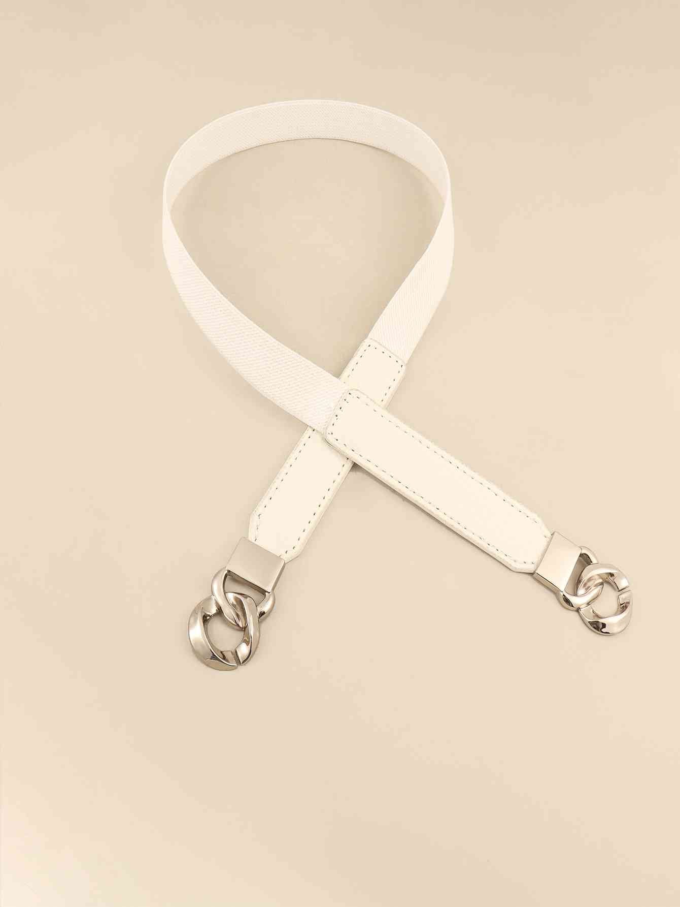 Zinc Alloy Buckle Skinny Elastic Belt - belt - White/Silver - Bella Bourget