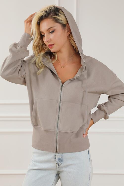 Zip Up Drawstring Cropped Hoodie - Hoodie - Beige - Bella Bourget