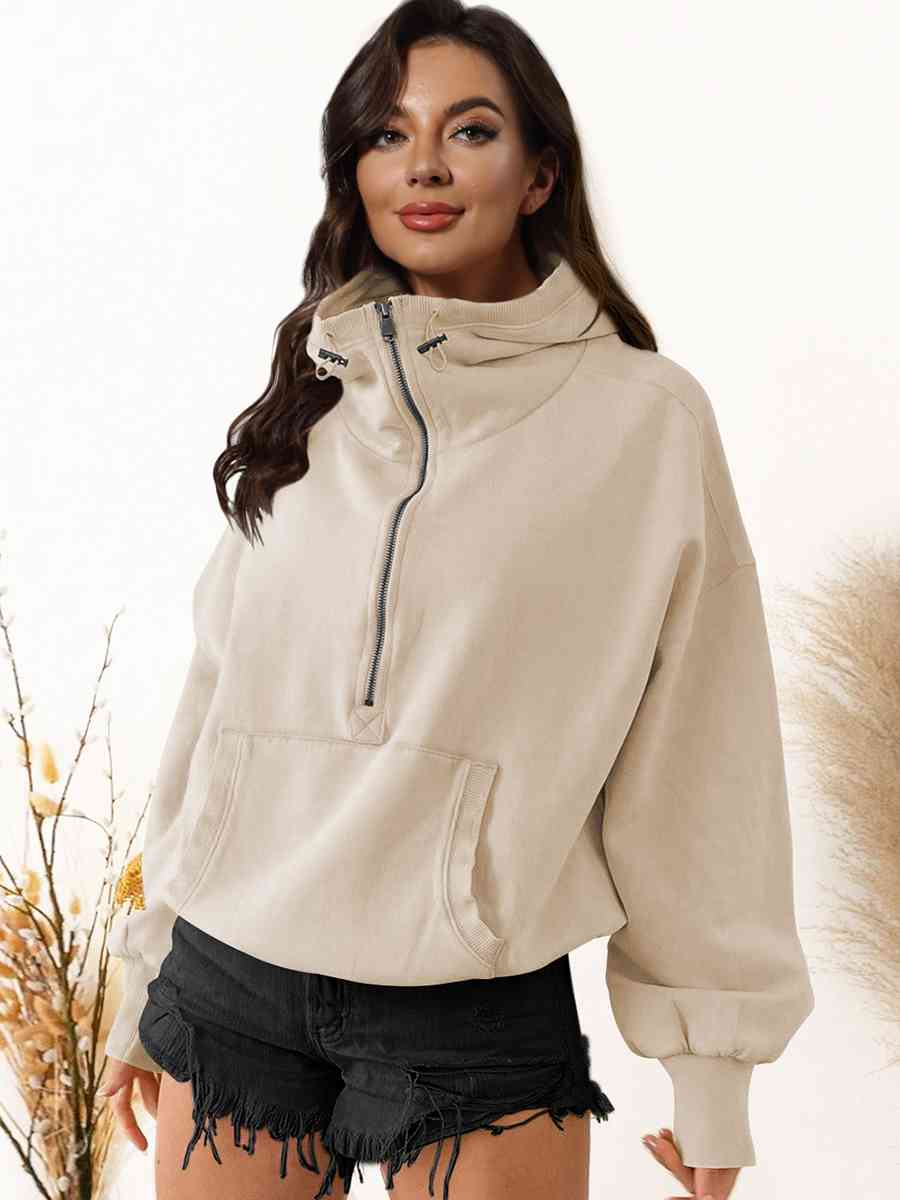 Zip - Up Dropped Shoulder Hoodie - Hoodie - Beige - Bella Bourget