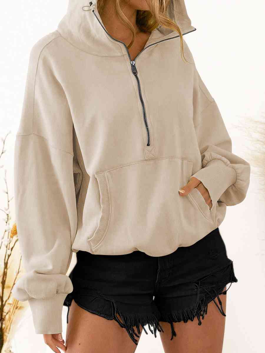 Zip - Up Dropped Shoulder Hoodie - Hoodie - Beige - Bella Bourget