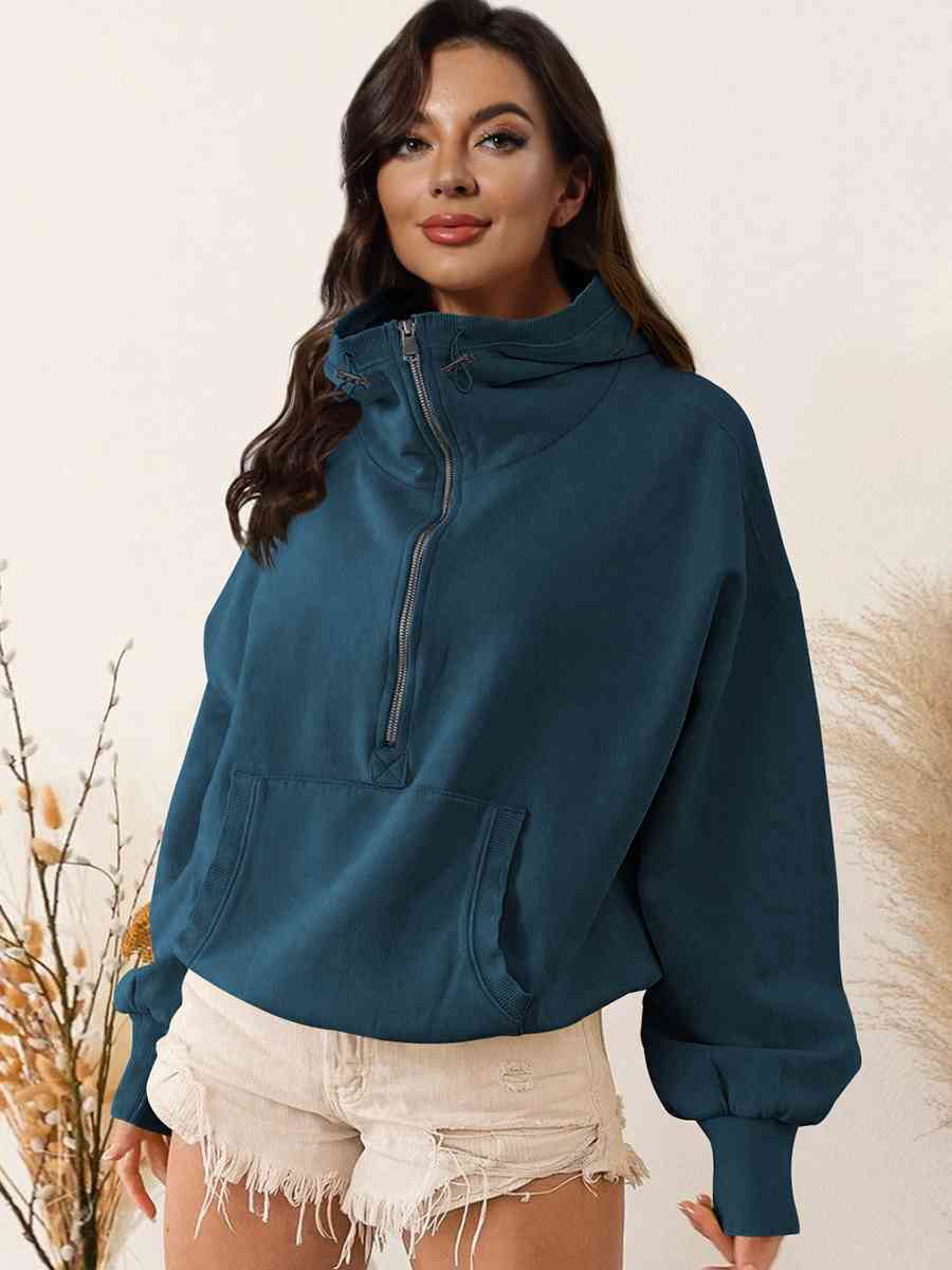 Zip - Up Dropped Shoulder Hoodie - Hoodie - French Blue - Bella Bourget