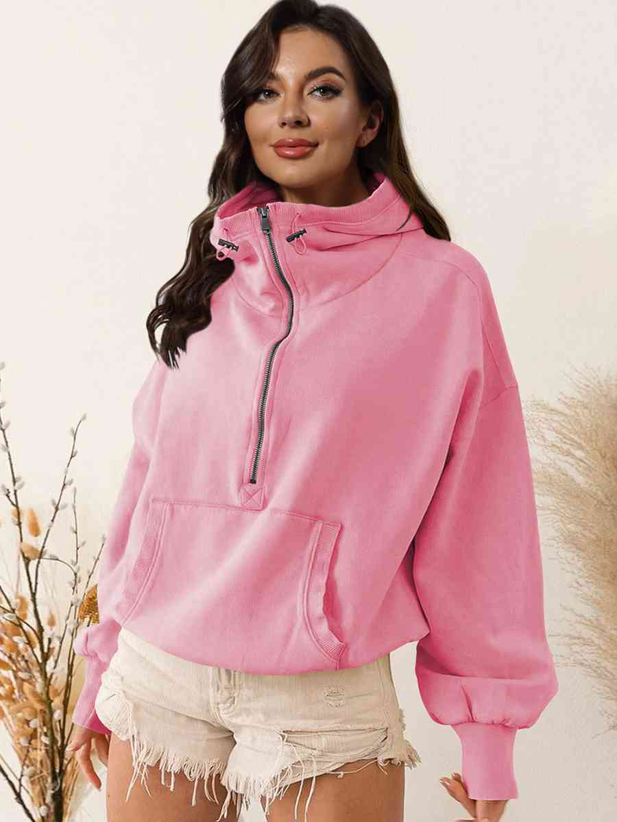 Zip - Up Dropped Shoulder Hoodie - Hoodie - Carnation Pink - Bella Bourget