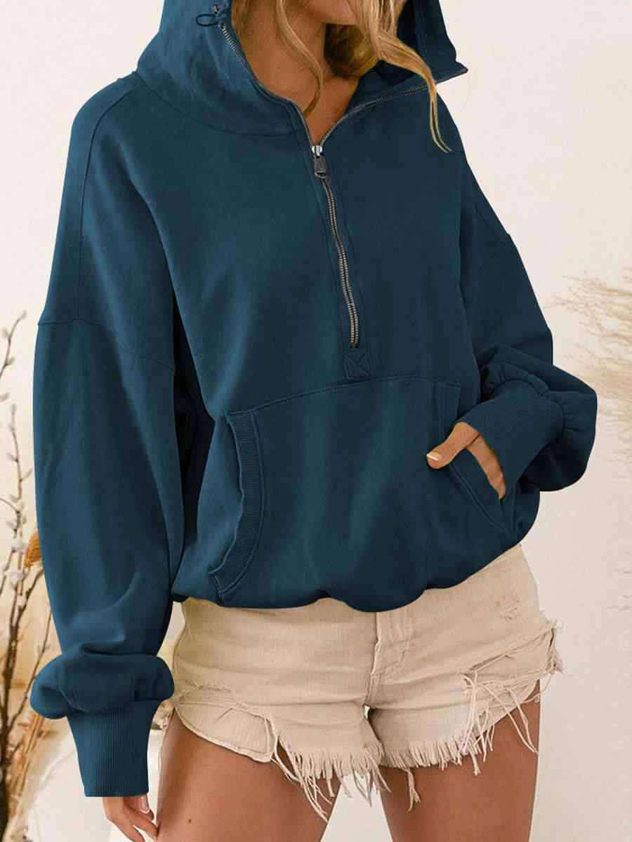 Zip - Up Dropped Shoulder Hoodie - Hoodie - French Blue - Bella Bourget