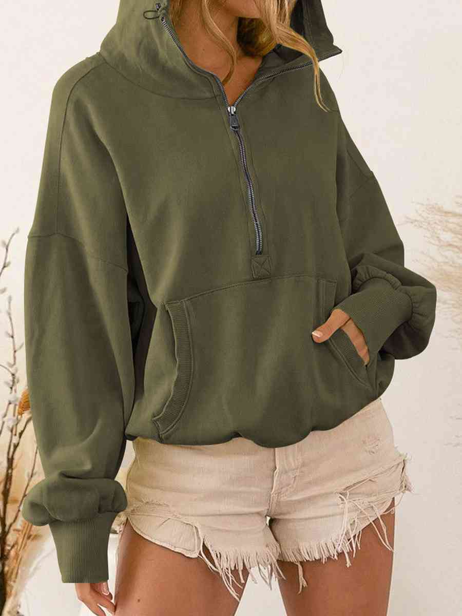 Zip - Up Dropped Shoulder Hoodie - Hoodie - Army Green - Bella Bourget