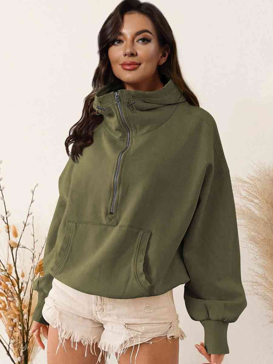 Zip - Up Dropped Shoulder Hoodie - Hoodie - Army Green - Bella Bourget