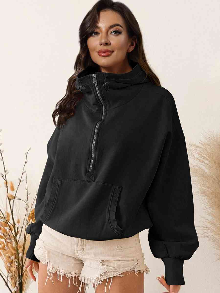 Zip - Up Dropped Shoulder Hoodie - Hoodie - Black - Bella Bourget