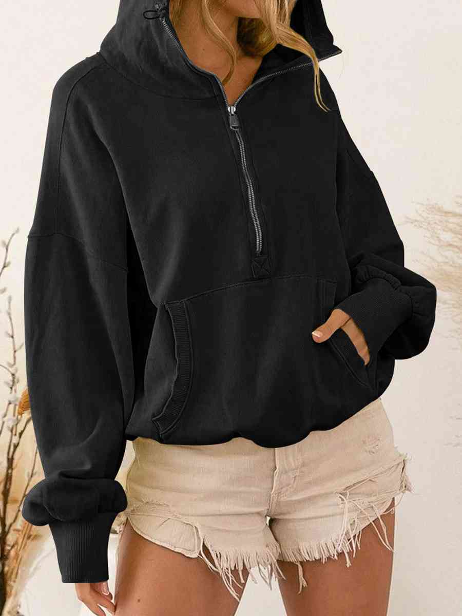 Zip - Up Dropped Shoulder Hoodie - Hoodie - Black - Bella Bourget