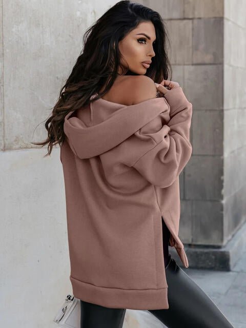 Zip - Up Slit Hoodie with Pockets - Hoodie - Mocha - Bella Bourget