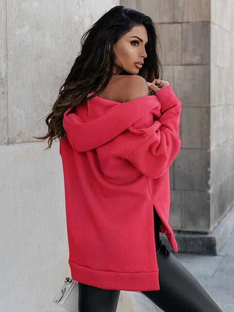 Zip - Up Slit Hoodie with Pockets - Hoodie - Strawberry - Bella Bourget