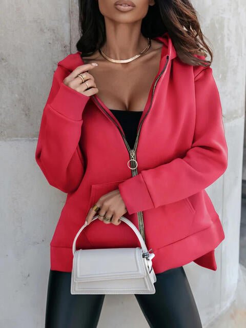 Zip - Up Slit Hoodie with Pockets - Hoodie - Strawberry - Bella Bourget