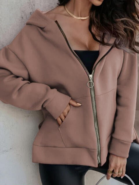 Zip - Up Slit Hoodie with Pockets - Hoodie - Mocha - Bella Bourget