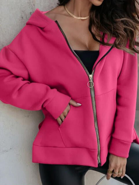 Zip - Up Slit Hoodie with Pockets - Hoodie - Deep Rose - Bella Bourget