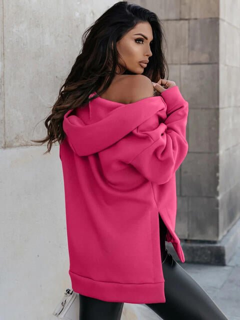 Zip - Up Slit Hoodie with Pockets - Hoodie - Deep Rose - Bella Bourget