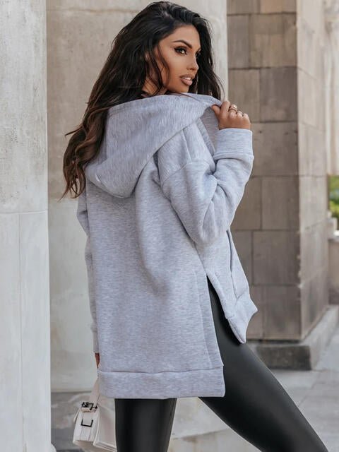 Zip - Up Slit Hoodie with Pockets - Hoodie - Cloudy Blue - Bella Bourget