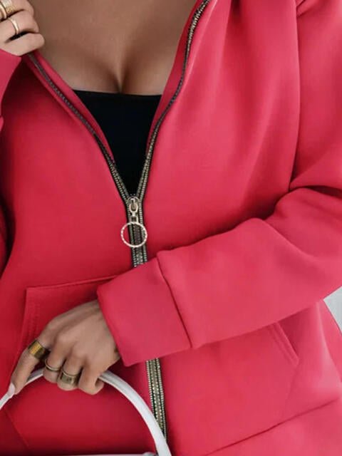 Zip - Up Slit Hoodie with Pockets - Hoodie - Strawberry - Bella Bourget